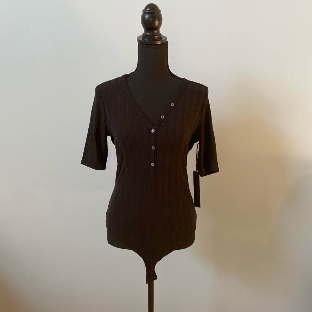 House of Harlow 1960 Wide Ribbed Stretchy Bodysuit in Black Size Medium NWT